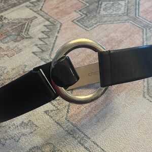 Chico's Adjustable Black Leather Belt with Silver Ring Buckle M/L